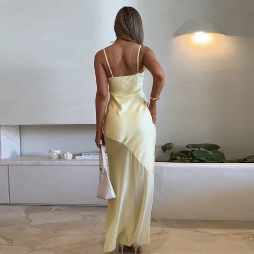 Elegant Slim Satin Stitching Mesh Spaghetti Strap Dress in Dresses