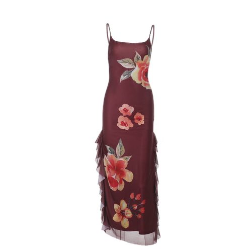 Floral Mesh Ribbon Slit Sheath Suspender Dress in Dresses