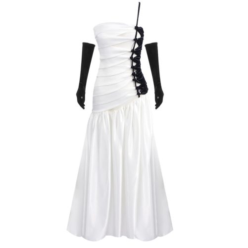 One Shoulder Black White Contrast Color Satin Cocktail Formal Maxi Dress in Dresses