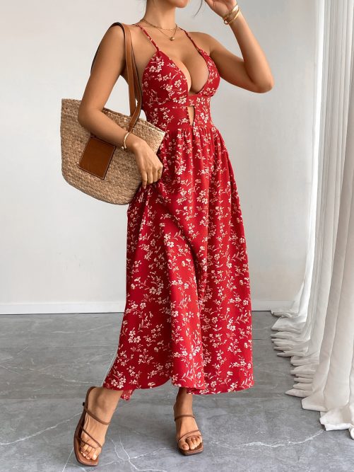 Retro V Neck Floral Slim Fit Maxi Dress in Dresses