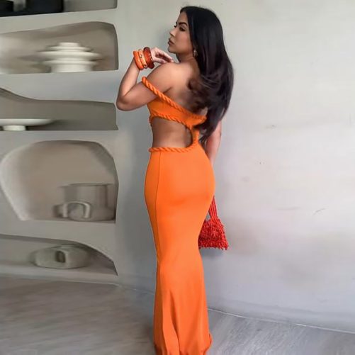 Sexy Off Neck Hollow Out Cutout Out Cropped Slim Hip Dress in Dresses