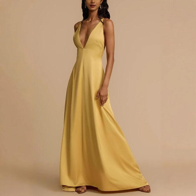 Sexy Backless V Neck Satin Maxi Dress in Dresses
