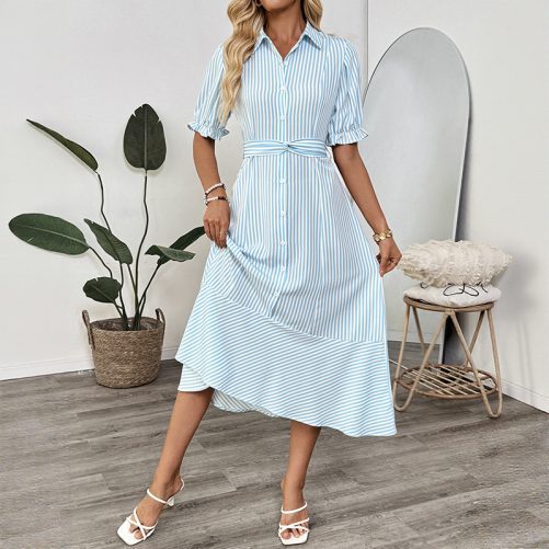 Elegant Office Shirt Puff Sleeve Polo Collar Stripes Dress in Dresses