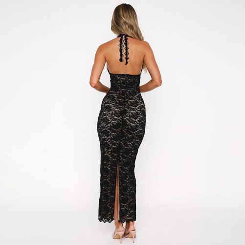Sexy V Neck Lace Backless Slit Lace up Dress in Dresses