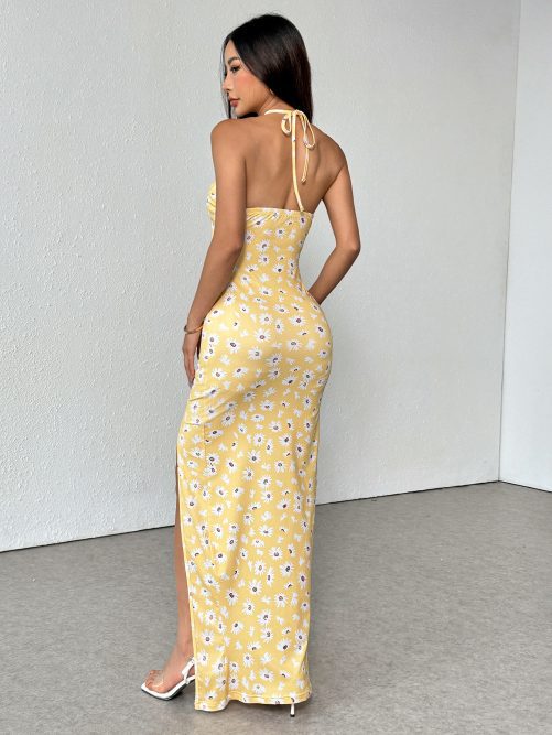 Sling High Slit Little Daisy Printed Slim Fit Dress in Dresses
