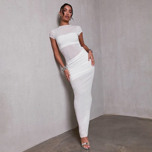 Round Neck Slim Fit Pullover Sheath Pleated Stitching Maxi Dress in Dresses