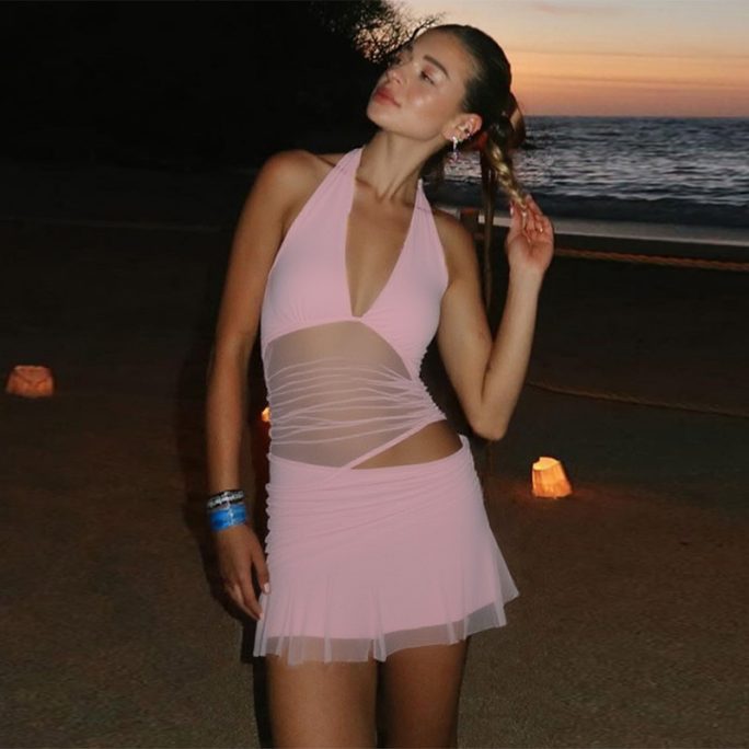 Sexy Deep V Plunge Stitching Mesh Hollow Out Cutout Hip Wrapped Short Halter Dress in Dresses