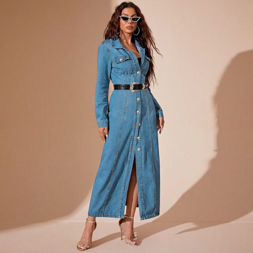Denim Button Cardigan Coat Dress in Dresses