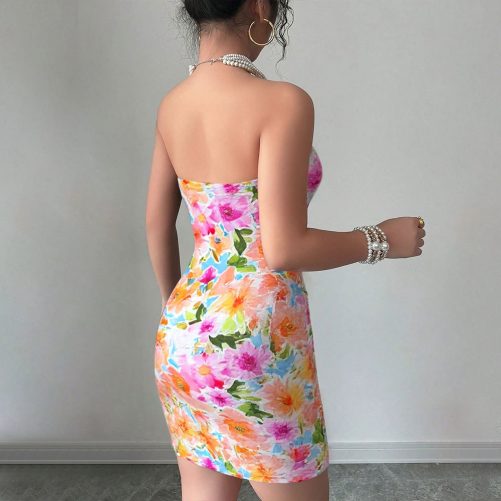 Sexy Printed Floral Slim Fitting Tube Top Short Dress in Dresses
