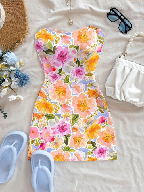 Sexy Printed Floral Slim Fitting Tube Top Short Dress in Dresses
