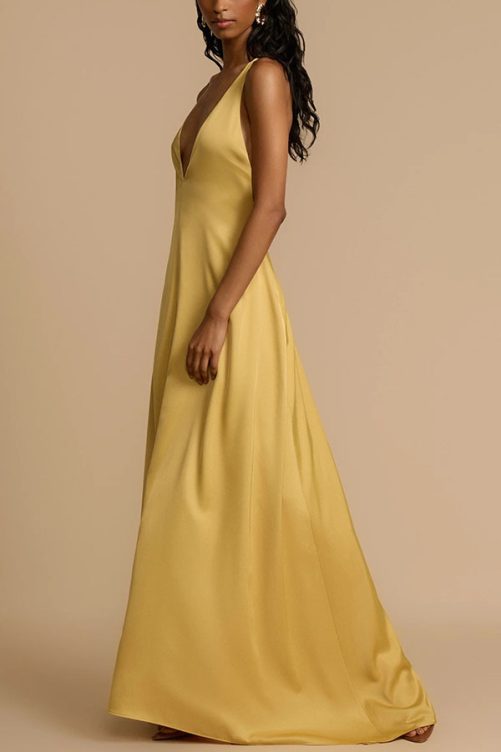 Sexy Backless V Neck Satin Maxi Dress in Dresses