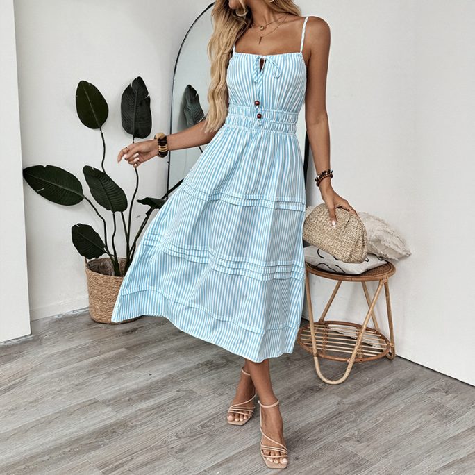Romantic Vacation Layering Decoration Striped Spaghetti Straps Sleeveless Dress in Dresses
