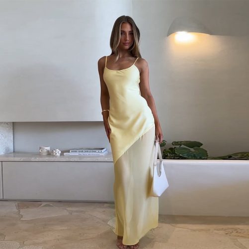 Elegant Slim Satin Stitching Mesh Spaghetti Strap Dress in Dresses