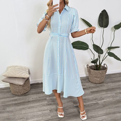 Elegant Office Shirt Puff Sleeve Polo Collar Stripes Dress in Dresses