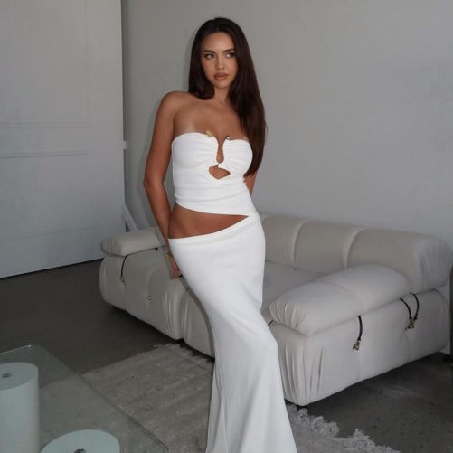 Sexy Tube Top Stitching Steel Ring Cropped Sheath Long Dress in Dresses