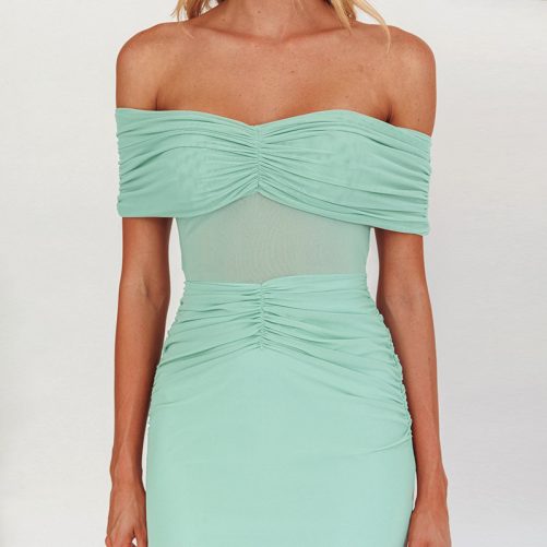 Off Shoulder Mesh Pleated Slim Fit Maxi Dress in Dresses