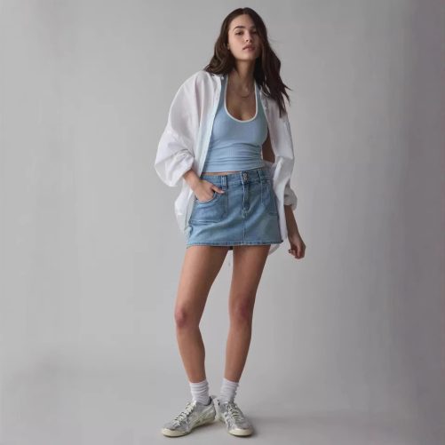 Double Button High Waist Slim Denim Skirt in Skirts