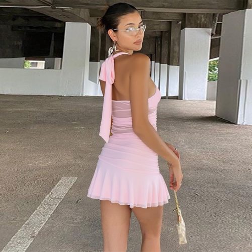 Sexy Deep V Plunge Stitching Mesh Hollow Out Cutout Hip Wrapped Short Halter Dress in Dresses