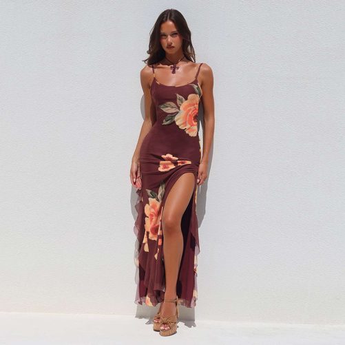 Floral Mesh Ribbon Slit Sheath Suspender Dress in Dresses