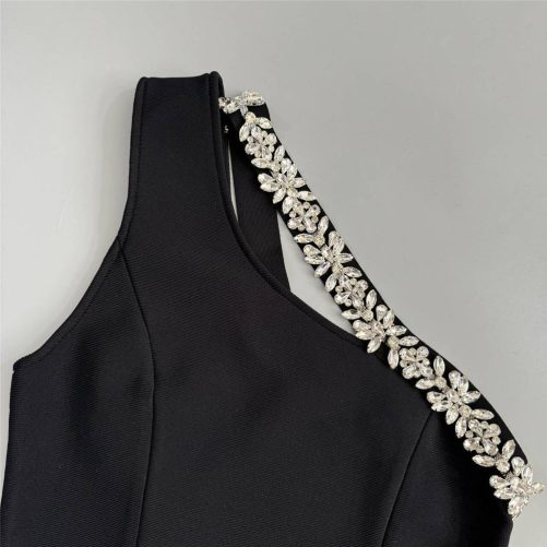 Sexy One Shoulder Sleeveless Rhinestone Slit Maxi Dress in Dresses