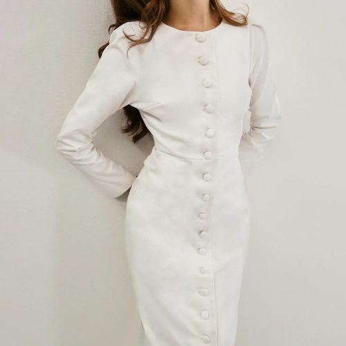 Elegant Single Breasted Round Neck Long-Sleeved Waist Sheath White Dress in Dresses