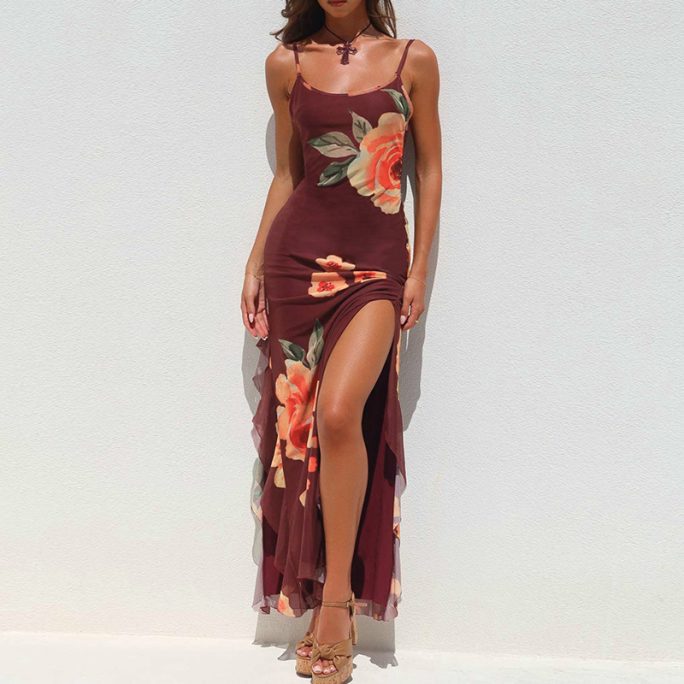 Floral Mesh Ribbon Slit Sheath Suspender Dress in Dresses