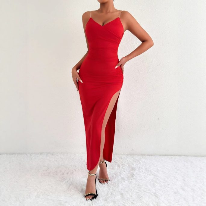 Sexy V Neck Backless Split Long Sleeveless Dress in Dresses