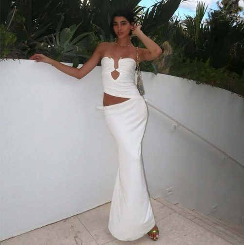 Sexy Tube Top Stitching Steel Ring Cropped Sheath Long Dress in Dresses
