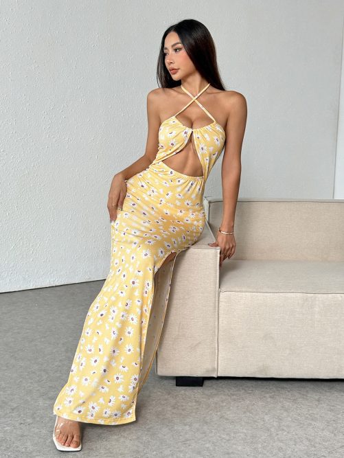Sling High Slit Little Daisy Printed Slim Fit Dress in Dresses