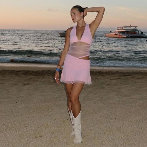 Sexy Deep V Plunge Stitching Mesh Hollow Out Cutout Hip Wrapped Short Halter Dress in Dresses