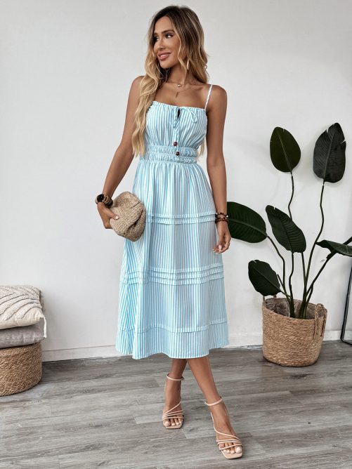 Romantic Vacation Layering Decoration Striped Spaghetti Straps Sleeveless Dress in Dresses
