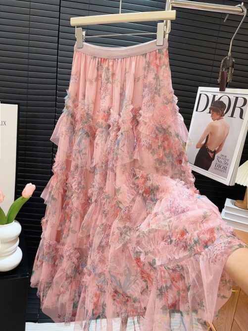 Stitching Printing Floral Puffy Long Skirt in Skirts