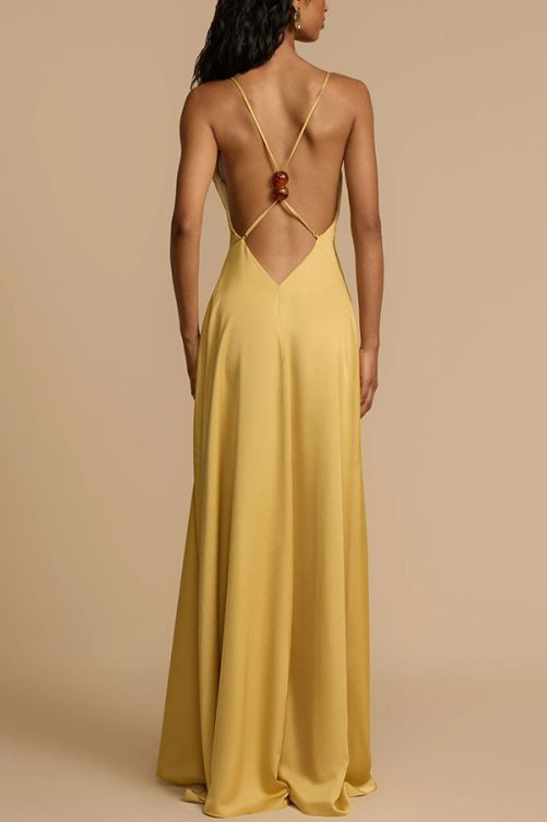 Sexy Backless V Neck Satin Maxi Dress in Dresses