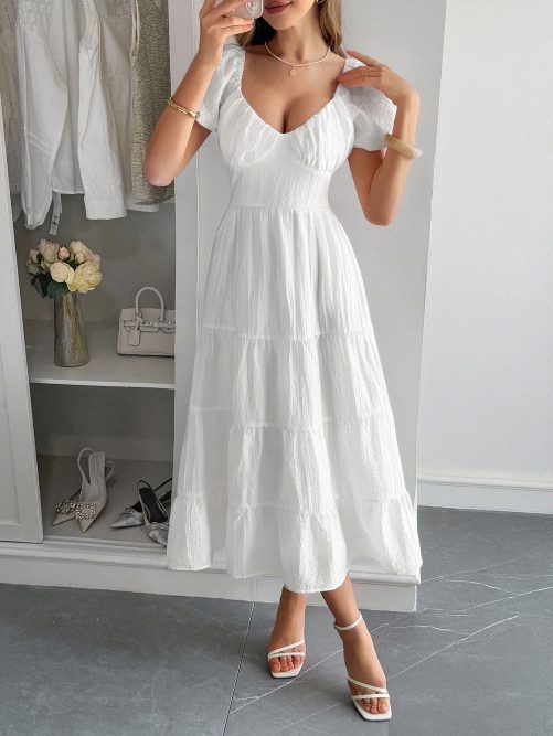 White Puff Sleeve Maxi Dress in Dresses
