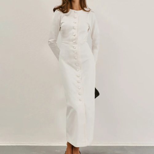Elegant Single Breasted Round Neck Long-Sleeved Waist Sheath White Dress in Dresses