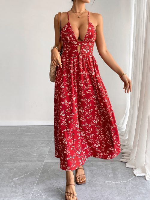 Retro V Neck Floral Slim Fit Maxi Dress in Dresses