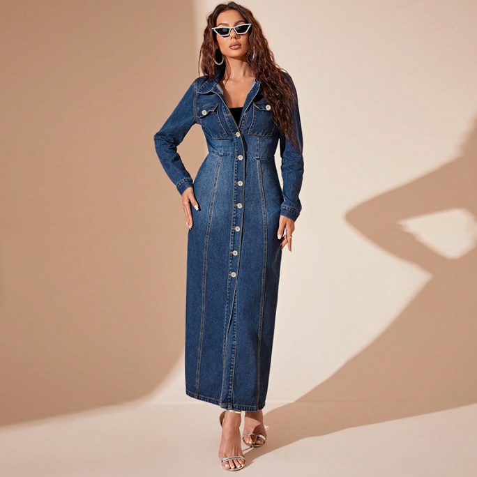 Denim Button Cardigan Coat Dress in Dresses