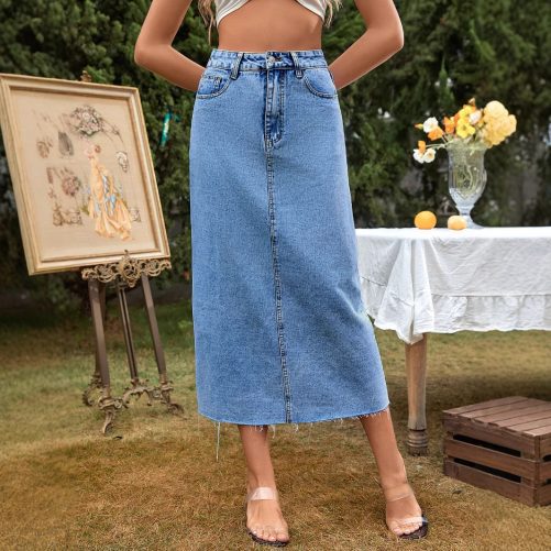 High Waist Slimming A Line Denim Skirt in Skirts