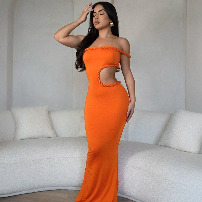 Sexy Off Neck Hollow Out Cutout Out Cropped Slim Hip Dress in Dresses