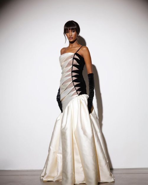 One Shoulder Black White Contrast Color Satin Cocktail Formal Maxi Dress in Dresses