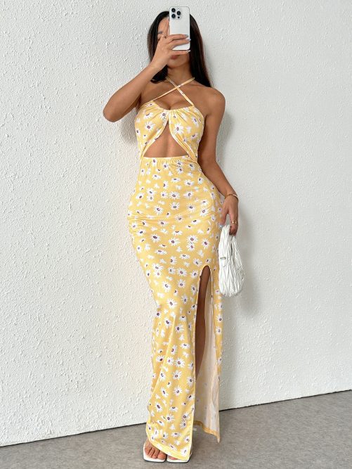 Sling High Slit Little Daisy Printed Slim Fit Dress in Dresses