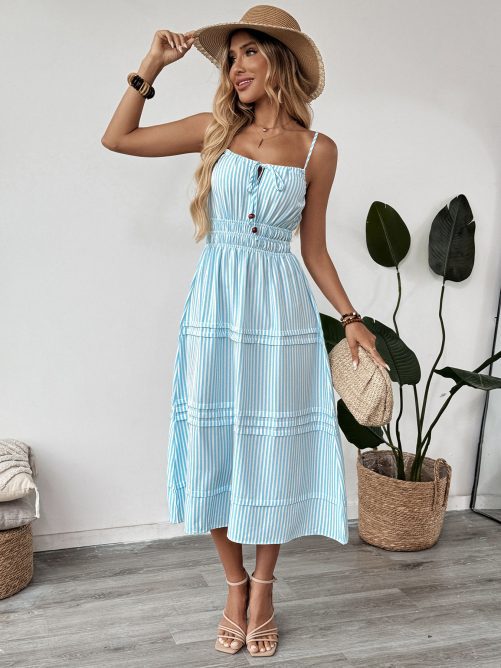Romantic Vacation Layering Decoration Striped Spaghetti Straps Sleeveless Dress in Dresses
