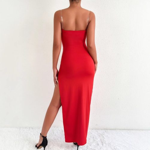 Sexy V Neck Backless Split Long Sleeveless Dress in Dresses