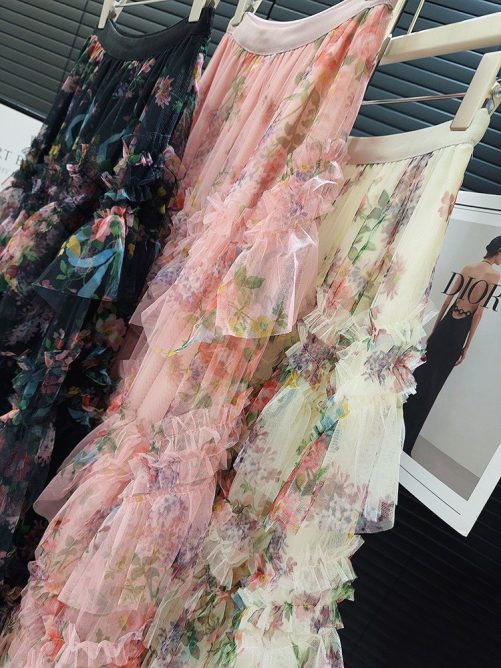 Stitching Printing Floral Puffy Long Skirt in Skirts