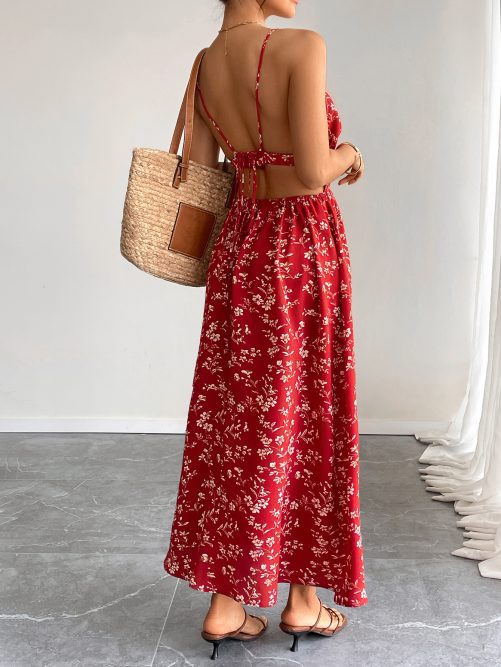 Retro V Neck Floral Slim Fit Maxi Dress in Dresses