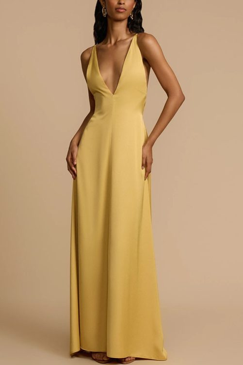 Sexy Backless V Neck Satin Maxi Dress in Dresses