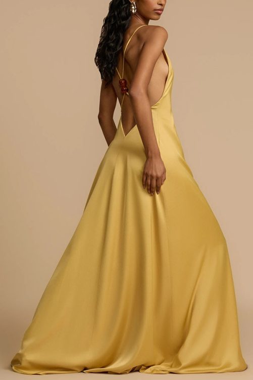Sexy Backless V Neck Satin Maxi Dress in Dresses