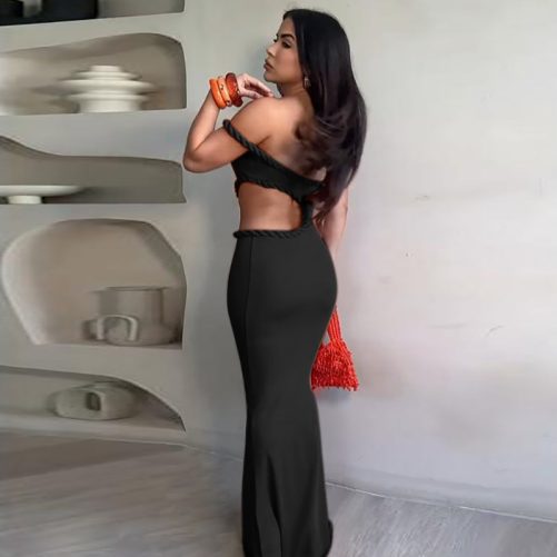 Sexy Off Neck Hollow Out Cutout Out Cropped Slim Hip Dress in Dresses