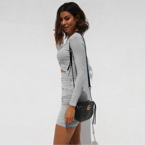 V Neck Long Sleeve Pleated Sexy Dress in Dresses