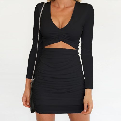 V Neck Long Sleeve Pleated Sexy Dress in Dresses